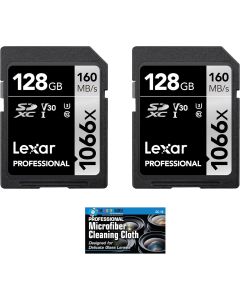 Lexar 128GB Professional 1066x SDXC Class 10 UHS-I Memory Card 2-Pack Bundle with Microfiber Cloth